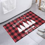 GlowSol Christmas Bath Mat, 17x29 in Xmas Bathroom Decor Buffalo Plaid Christmas Tree Decorative Front Door Mat Diatom Mud Bathroom Rug Super Absorbent Floor Mat Christmas Living Room Small Area Rug