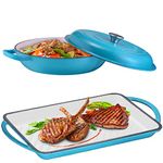 Enameled Cast Iron 2 Piece Gift Set, 3.8 Quart Braiser Pan with Lid, Rectangular Grill Pan Cookware Set, Marine Blue