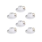 KARACA Saturn Coffee Cup Set of 6, 6 Porcelain Coffee, Espresso Cups with Saucers, White Porcelain Design with Gold Handles, Ideal for Serving Coffee, Latte, Tea, Espresso, and Cappuccino