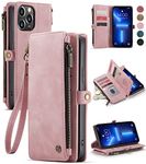Defencase for iPhone 13 Pro Max Case, RFID Blocking Wallet Case for iPhone 13 Pro Max for Women, Vintage PU Leather Magnetic Flip Strap Zipper Card Holder Phone Case for iPhone 13 Pro Max [6.7"], Pink