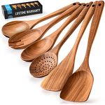 Zulay Kitchen 6-Piece Wooden Spoons for Cooking - Smooth Finish Teak Wooden Utensils for Cooking - Soft Comfortable Grip Wood Spoons for Cooking - Non-Stick Wooden Cooking Utensils - Wooden Spoon Sets