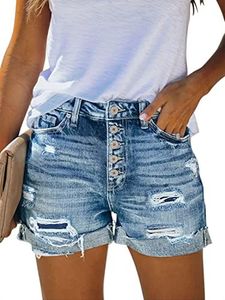 Angerella Jean Shorts Womens Casual Summer Women's Ripped Raw Hem High Waisted Distressed Denim Shorts Blue L
