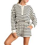 Beaufident Women's Stripe Lounge Sets Long Sleeve Top and Shorts Two Piece Outfits Sweatsuits with Pockets,Beige,S