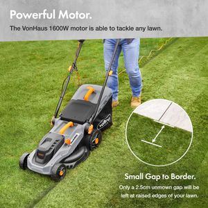 VonHaus 1600W Electric Lawnmower – 42L Bag, 380mm Width, 10m Cord
