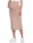 POSHDIVAH Women's Maternity Skirt Over The Belly Midi High Waisted Solid Stretchy Pregnancy Pencil Skirt Khaki Medium