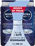 NIVEA MEN Cool Kick Body Wash | 3-in-1 Men Shower Gel (Body, Face & Hair), 2x500mL