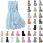 Clearance 2024 Sale Items Linen Dress for Women Bohemian Summer Dress 3/4 Sleeve Plain Floral A Line Dresses Maxi Button Up Dress with Belt Robe Longue Avec Manches Blue