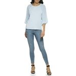 Calvin Klein Women's Loose Fitted Matte Jersey Mixed Media Lantern Sleeve Blouse, Cashmere Blue, Large