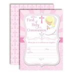 First Holy Communion Religious Party Invitations for Girls (Light Skin, Blond Hair), 20 5"x7" Fill In Cards with Twenty White Envelopes by AmandaCreation