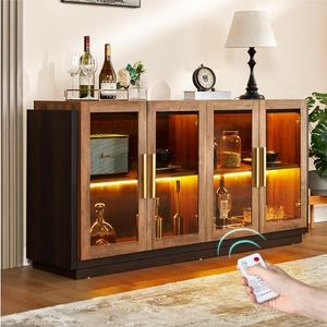 LUXOAK Sideboard Buffet Cabinet with Storage,64" Cabinet with Glass Door, Modern Wood Glass-Buffet Cabinet for Dinning Room,Kitchen, Hallway, and Living Room,Barnwood+Brown