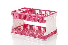 Attro Lenova Utensil Basket-Stylish and Durable Plastic Kitchen Organizer Rack Cutlery Utensil,Simple Assembly, Fruits and Vegetable Drying Drain and Storage Stand with Water Storing Tray-Pink