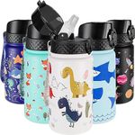 GOPPUS Kids Insulated Water Bottle - 14 Oz BPA Free 18/8 Stainless Steel Travel Bottle with Straw Water Bottle with Double Wall Vacuum Leak Proof Kids Cup for School Boys Girls, Dinosaurs