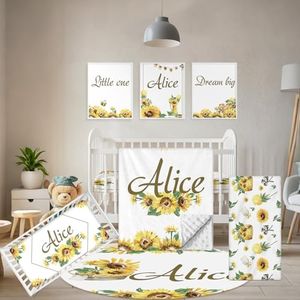 Terwex Personalized Baby Bedding Set - 5 Pcs Custom Infants Bedding Set with Infant Name - Double Layer Nursery Crib Set for Girls Boys - Customized Gifts for Toddler Baby Shower - Yellow Sunflower