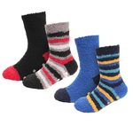 GM Apparel Boys Kids Fluffy Slipper Socks – Non-Skid Gripper – Bed Sock – Super Soft Fuzzy – Cosy Thermal – Strips – Pack of 4 Pairs (4-6 Years)