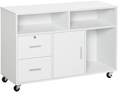 HOMCOM Lateral Filing Cabinet, Printer Stand Home Office Mobile File Cabinet with Wheels, Lockable Drawer, White