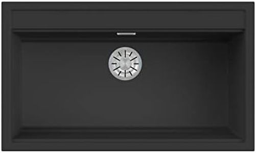 EVHOC Lavello di Design per Cucina 1 Vasca DESIDERATA L Sopratop, Lavandino in Kuarzite Vasca Unica, Piletta Inclusa, Fascia Miscelatore Preforata 5 Fori, Made in Italy, Nero, 86x51 cm