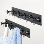 Wall Mounted Coat Hook Rack : Adhesive and Screw Installation - Modern Black 5-Hook Rail with Smooth Edged, Mushroom Shaped Hooks Perfect for Use in The Hallway Bathroom or Kitchen, 2 Pack