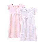 BANGSAUR Girls' Nightgown Cotton Sleepshirts, Heart Print Princess Nightdress, 2-Pack Nightwear for Girls 3-12 Years(Flutter Sleeve,7-8Years)