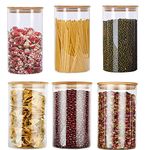 Dearwell Glass Food Storage Jars Containers, Glass Storage Jar With Airtight Bamboo Lids Set Of 6 Kitchen Glass Canisters For Coffee, Flour, Sugar, Candy, Cookie, Spice And More - Clear