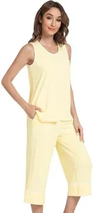 NACHILA Pajamas Set for Women-Viscose Made from Bamboo, Tank Top with Capri Pants Pajama Cool Sleepwear Sleeveless Pjs Yellow L