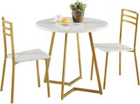 VECELO 3 Piece Wood Round Dining Table and Chair Set, Marbling Tabletop with Steel Frame,Modern Counter Height Dinette for Kitchen Breakfast Nook Living Room Small Space, White & Gold