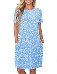Hotouch Women Casual T-Shirt Dress Loose Printed Summer Dress with Pockets Roll Short Sleeve Dresses