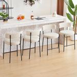 Furnilivng 24'' Bar Stools Set of 4, Modern Boucle Counter Height Bar Stools with Curved Back and Black Metal Frame, Upholstered Kitchen Stools, Barstools for Kitchen Island, Bar, Dining Room, White