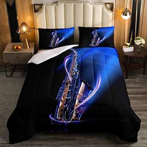 Feelyou Classic Music Beddinig Set Cool Saxophone Comforter Set for Kids Boys Girls Jazz Funky Design Comforter Musical Instrument Blue Quilt Collection 2Pcs Twin Size Boys