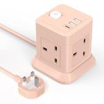 Cube Extension Lead with USB Slots, BEVA 4 Way Multi Plug Power Strip with 3 USB Ports (5V/2.4A), Desktop Power Extension Socket with 1.5M Extension Cords for Home Dorm Office Travel-PINK