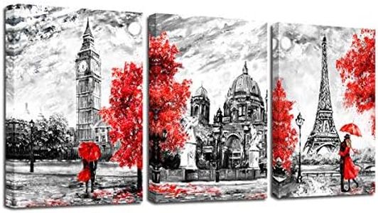 Red Romantic Canvas Wall Art 3 Pieces Eiffel Tower Big Ben Berlin Street Oil Painting Black and White Contemporary Prints Ready to Hang Wall Decor 12 x 16 Inches