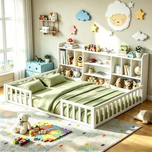 Einhomn Full Montessori Floor Bed Frame with Bookcase, Storage Shelves & Guardrail, Solid Wood Bed for Kids, Girls, Boys, Easy Assembly, White