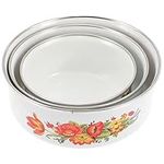 YARDWE 3pcs Enamel Bowls Vintage Style White Enamel Kitchen Mixing Bowls with Lids Bath Wash Basin Rustic Home Decor