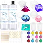 Silicone Resin Casting Molds, Cruzix 5Pcs Epoxy Resin Molds Cube Sphere Pyramid Square Round with Epoxy Resin, Measuring Cup, Disposable Cup, Dropping Pipette, Wood Sticks, Finger Cots, Glitter Powder