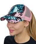 C.C Ponycap Messy Bun Ponytail Reversible Magic Sequin Adjustable Baseball Cap, Rose/Teal
