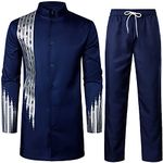 LucMatton Men's 2 Piece Outfit Long Sleeve Button up African Dashiki Shirt and Pants Traditional Ethnic Suit Indigo Blue Gold Large