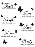 6 Pieces Faith Hope Love Laugh Family Live Wall Decal Sticker Motivational Wall Decal Sticker with 12 Pieces 3D Butterfly Decal Inspirational Quotes Sticker Set for Home Office Decor (Black)