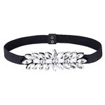 FINGERINSPIRE Women Rhinestone Elastic Belt 71.5x4.7cm Silver Rhinestone Waist Belt Black PU Chain Sash Double Press Button Floral Belts for Waist 67-95cm for Famale Dress Decoration