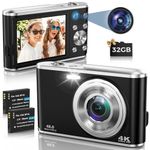 Digital Camera, 4K Autofocus Digital Camera with 32G Memory Card Front and Rear Dual Cameras, HD 48MP with 2.8" Large Screen, 16X Digital Zoom, Rechargeable Compact Camera for Beginners (Black)