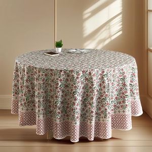 CPC Red Garnet Block Print Cotton Handmade Round Tablecloth 132 Inch Decorative Table Cover for Home Decor, Dinning, Festive, Wedding, Farmhouse Gift for Spring, Mother's Day
