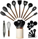 Silicone Kitchen Utensils Set & Holder: Cooking Utensils Set - Kitchen Essentials for New Home & 1st Apartment- Silicone Spatula Set, Cooking Spoons for Nonstick Cookware (Acacia Wood, Black)