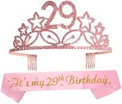 MEANT2TOBE 29th Birthday Sash and Tiara for Women - Fabulous Set: Glitter Sash + Stars Rhinestone Pink Premium Metal Tiara for Women, 29th Birthday Gifts for 29th Birthday Party