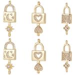 Beebeecraft 6Pcs 3 Styles Valentine s Day Lock with Key Charms 18K Gold Plated Brass Link Connector with Cubic Zirconia Heart Moon Star for DIY Craft Necklace Bracelet