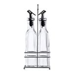 Gala Houseware Olive Oil Dispenser and Vinegar Dispenser Set with Chrome Plated Rack Stand, 2 Piece Cooking Oil and Soy Sauce Dispenser Glass Bottles with Drip-Free Pourers,