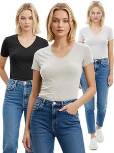 Emmalise Women's Plain Short Sleeve V Neck T Shirt(3P-Blk/Oat/Wht-1X)