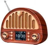 Vintage Bluetooth Clock Radio with NOAA Weather Alert & Digital Dual Alarms, 40 FM Presets | Sleep Timer | rechargeable battery, Wood-grain Design with Soft Color Display, TF Card, AUX for Bedroom Use