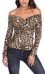 MISS MOLY Leopard Print Tops for Women V Neck Long Sleeve Off Shoulder Knot Chest Ruched Shirt Blouse Slim Sexy, Leopard Print, Large