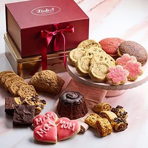 Dulcet Gift Baskets Mothers Day Deluxe Two Tower Cookie Basket — Fudge Brownies, Chocolate Chip Cookies & Chocolate Cake for Mom, Wife & Grandma - Personal Note Option Available