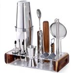 Mixology Bartender Kit with Wood Stand - 18 Piece Bar Tool Set, Silver Bar Set Boston Shaker for Drink Mixing - Includes Boston Shaker, Jigger, Hawthorne Strainer, Mixer Spoon, Tongs, Opener | Gift