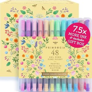 Primrosia 48 Glitter Gel Pens, inc. Metallic, Pastel & Flourescent for Adult Coloring Book & Bullet Journal Pens. No-Bleed-Through in a Variety of Shades, 7.5x More Ink Fine Point Markers Set