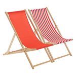 Harbour Housewares 2 Piece Red & Red Stripe Wooden Deck Chair Traditional FSC Wood Folding Adjustable Garden/Beach Sun Lounger Recliner